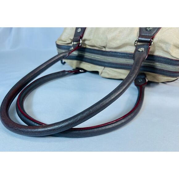 MZ Wallace Jane Glazed Linen Beige Satchel Leather Handles Pockets Large Capac - Picture 6 of 11